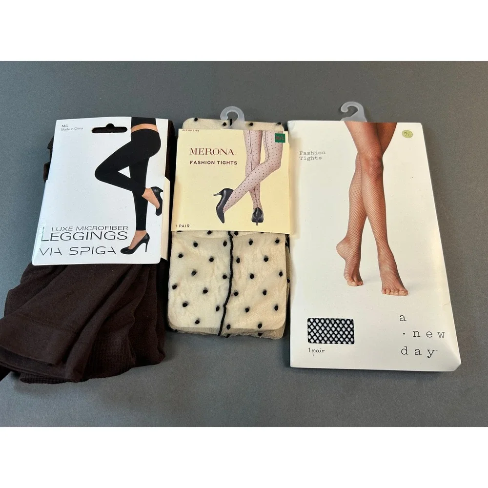 Lot of 3 Via Spiga Merona A New Day Tights Leggings ML Brown Polka Dot Fishnet